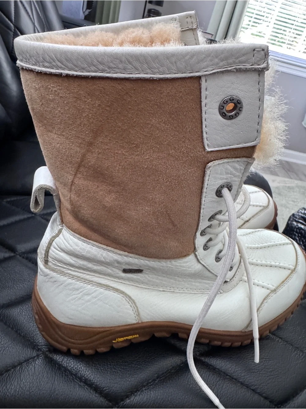 UGG Women's White Leather Lace-Up Winter Boots with Shearling Trim